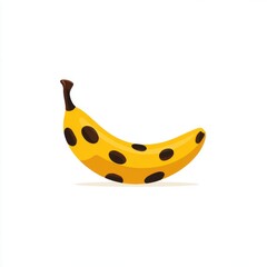 A cartoon - style banana with a yellow peel, brown spots, and a brown stem, set against a white background with a faint shadow.