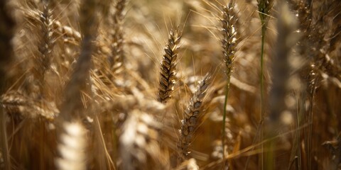 Fototapeta premium Golden wheat field scene, showcasing the beauty of a rich harvest in the bright sunlight.