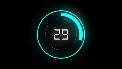 Neon digital clock countdown timer 17 seconds hud interface animation 4k seamless. Animated neon countdown timer 17 seconds circular progress bar digital 4k loop. - Powered by Adobe