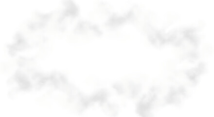 Soft focus abstract white and gray cloud shapes forming a circular frame on a white background