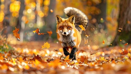 Naklejka premium A red fox sprints through a forest floor blanketed in autumn leaves, showcasing the vibrant colors of fall.