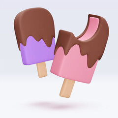Ice cream with chokolate glaze, icon, 3d render. Design elements. Realistic Sweet fast food icon. Vector illustration isolated on white for menu, shop, flyer, banner, web, adv, sale