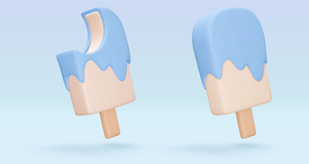Set white Ice cream, popsicle with blue berry glaze, 3d render. Design elements. Realistic sweet fast food icon. Vector illustration isolated on white for menu, shop, flyer, banner, web, adv, sale