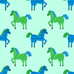 A pattern wit blue and green horse with mane. Happy Lunar Chinese New Year 2026 greeting card, banner. Animal zodiac character isolated on white background