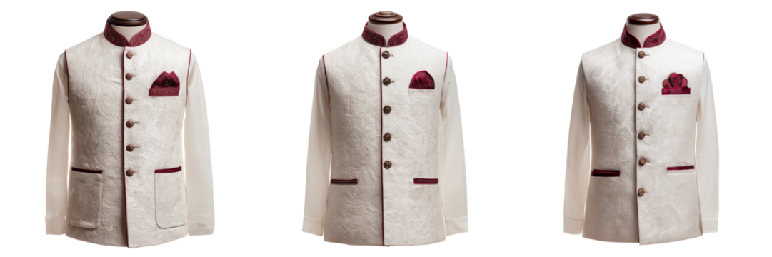 Set of Indian male in elegant maroon Panjabi with off-white Koti, standing against on transparent png background. Ai generated