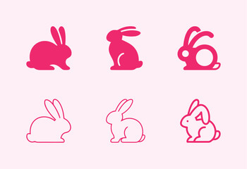Set of rabbit icons in various styles, representing animals, Easter, and spring concepts.