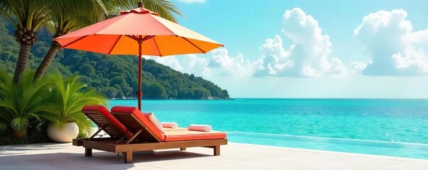 Serene scene of a colorful umbrella providing shade over a comfortable outdoor lounge chair, perfect for relaxation and tranquility Ideal for spa, wellness, and travel themes , red, spa