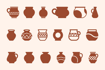 Set of clay pot and vase icons in various styles, representing ancient and modern art.