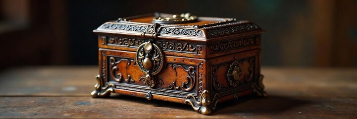 Elegant antique jewelry box, intricately carved wood, ornate details, vintage style, perfect for storing precious items ,  container,  retro,  organizer
