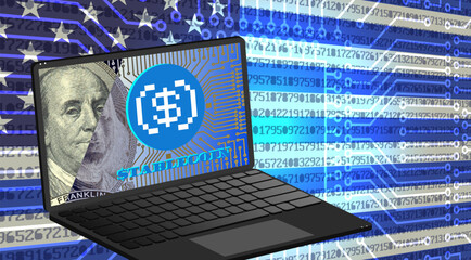 Vector computer glowing flag of United States. 3d mobile laptop. Engraved portrait, electronic digital stable coin on device screen. Virtual money and American economy. Cryptocurrency