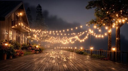 Fototapeta premium Enchanting outdoor evening on a rustic wooden deck with warm string lights — cozy patio ambience, golden bokeh glow, lifestyle backyard setting, copy space for banners and web headers