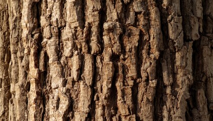 Obraz premium Close-up view of a tree trunk's textured bark, showcasing deep vertical fissures and varied tones of brown.