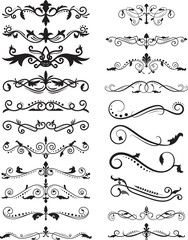 Flourishing decorative elements for retro design. Ornaments in the form of patterns, swirls, and flourishes. Vintage borders, frames, and patterns for invitations and certificates. A vector set.