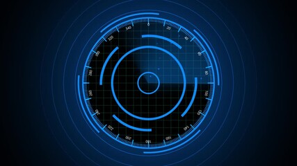 Animated blue hud radar interface rotating scanner digital display 4k seamless loop. Futuristic blue hud radar interface animation seamless loop 4k sci fi glowing circles.