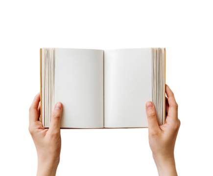 Hands hold open book, blank pages, potential, wisdom.