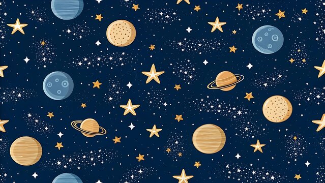 Whimsical space themed seamless pattern featuring planets and stars on a dark blue background for childrens designs and creative projects