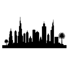 Fototapeta premium dubai skyline with palm trees, palm, tree, sunset, beach, tropical, silhouette, summer, vector, sun, nature, sky, illustration, island, sea, landscape, travel, ocean, sunrise, palms, coconut, paradise