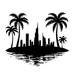 Obraz premium dubai skyline with palm trees, palm, tree, sunset, beach, tropical, silhouette, summer, vector, sun, nature, sky, illustration, island, sea, landscape, travel, ocean, sunrise, palms, coconut, paradise