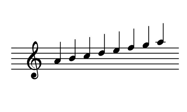 Vector illustration of a major scale with music notes on a treble clef staff. Perfect for music education, learning materials, sheet music and creative graphic projects related to music notation.