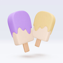 White vanilla Ice cream with purple and yellow glaze, icon, 3d render. Design elements. Realistic Sweet fast food icon. Vector illustration isolated on white for menu, shop, flyer, banner, web, adv