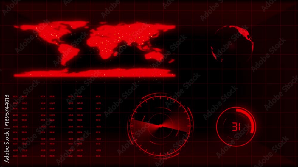 Aufkleber global surveillance radar screen red alert world map futuristic countdown digital interface animatio