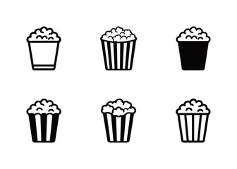 Set of popcorn bucket icons in black and white styles, representing food and cinema.