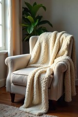 Cozy, soft blanket draped over a plush armchair, inviting warmth and comfort on a chilly day Perfect for relaxation and a peaceful atmosphere , sweet, soft