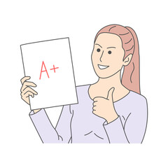 Smiling young woman holding a plus grade paper and giving thumbs up