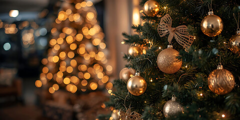 Christmas ball ornament with sparkling festive lights and holiday bokeh