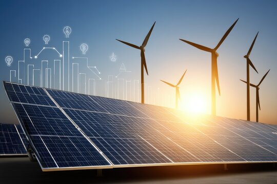 Solar panels and wind turbines at sunset, overlaid with data graphics