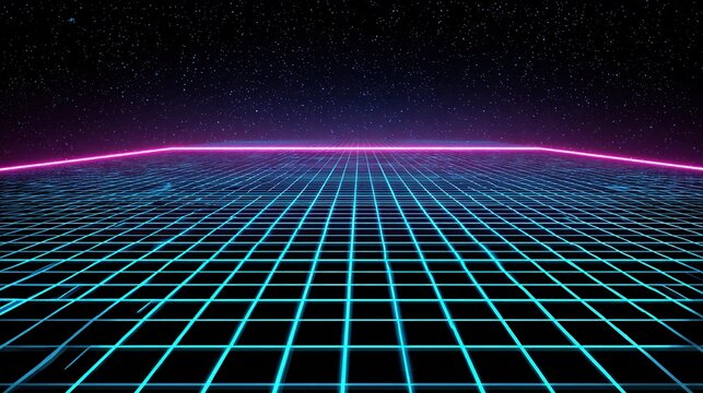 Retro futuristic grid landscape with a vibrant pink and teal glowing horizon line against a star-filled night sky