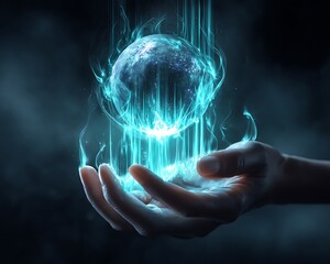 Virtual crystal energy orb responding to hands in calm digital ritual cyan beams and onyx shadows