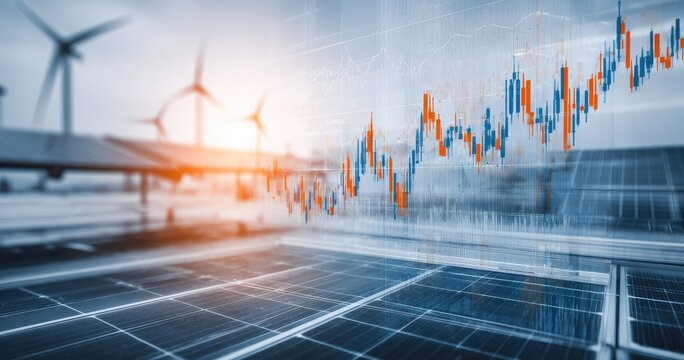 Solar panels, wind turbines, and financial charts overlayed