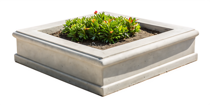 Large square concrete planter with green plants isolated on a transparent background 1