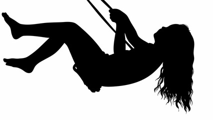 Silhouette of a woman with long hair swinging upside down on a swing against a white background scene view