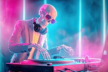 A skeleton DJ wearing sunglasses and headphones mixes music on turntables. The scene is illuminated with vibrant pink and blue lights, creating a lively atmosphere.