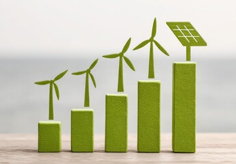 Green blocks with wind turbines and solar panel, rising in a graph, illustrate renewable energy growth