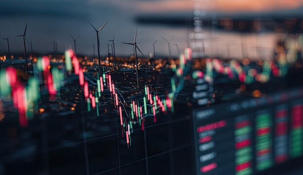 Night city skyline, wind turbines, stock market chart
