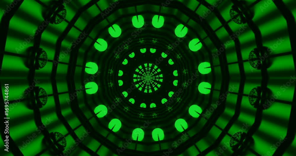 Poster the vibrant green tunnel features interconnected patterns and shapes that continuously flow in a sea