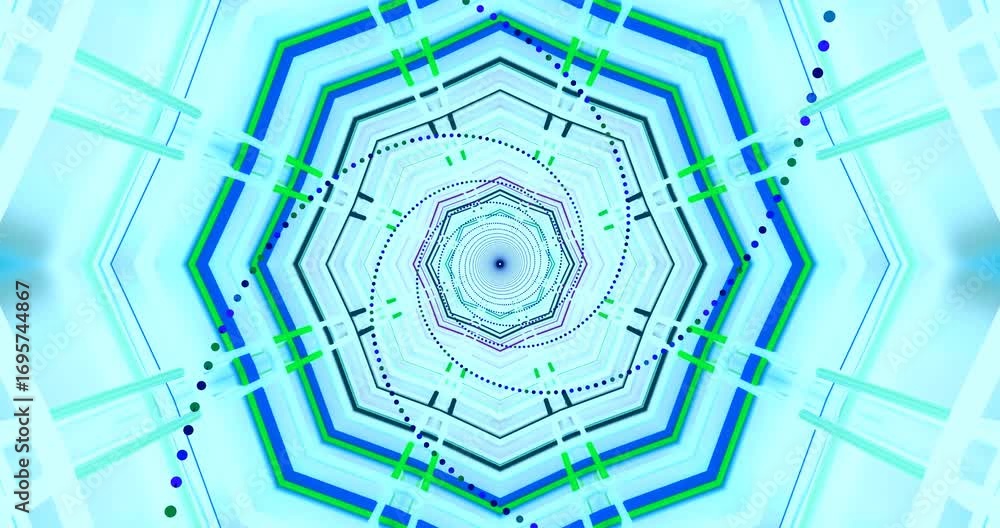 Poster endless tunnel effect features vibrant blue and green colors intertwining with geometric patterns. t