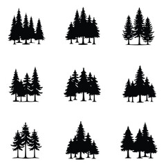 Fototapeta premium Collection of nine black silhouettes of forest tree groups