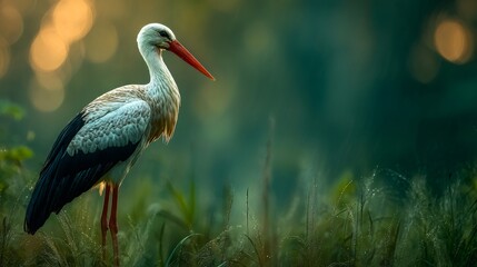 Fototapeta premium White stork standing in green grass at sunrise