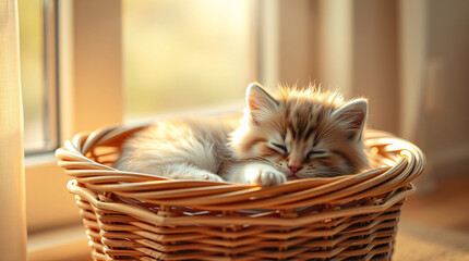 A contented fluffy kitten sleeping peacefully in a wicker basket, illuminated by the warm light of the sun streaming through a window.