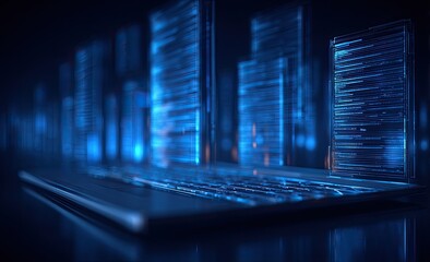 Digital cityscape projected onto laptop keyboard