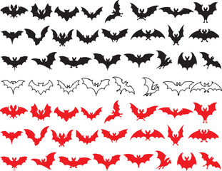 bat, silhouette, flying, halloween, spooky, creepy, night, creature, animal, insect, dark, scary, monster, illustration, graphic, collection, set, variety, black, red, white background, isolated, desi
