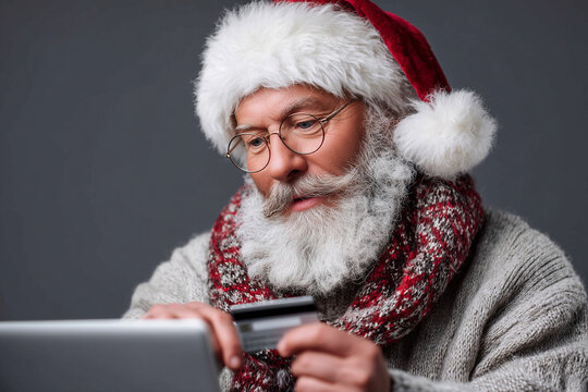 A man in a Santa hat is using a tablet to pay for something