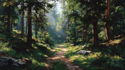 Obraz premium Sunbeams filtering through trees on forest path