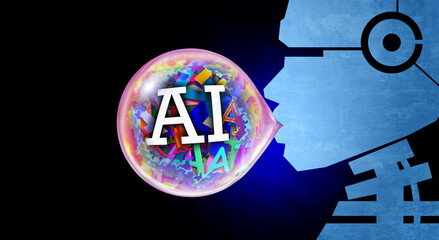 Artificial Intelligence Market Bubble and AI Bubble risk and Economic technology bubbles fear as overhyped Stock market speculation concept and overvalued technologies.