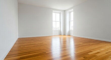 Obraz premium Empty interior room with hardwood flooring and bright natural light from windows.