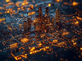 Abstract glowing cityscape on a digital circuit board symbolizing global technology infrastructure and smart cities